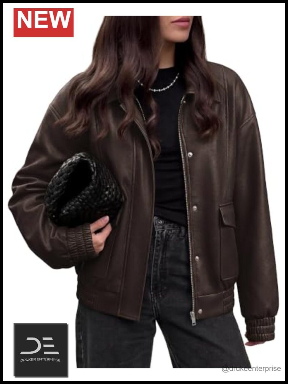 Faux Leather Oversized Jacket Snap Zip Closure Flap Pockets